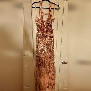Mac Duggal Rose Gold Sequin Embellished Cut Out Back Gown